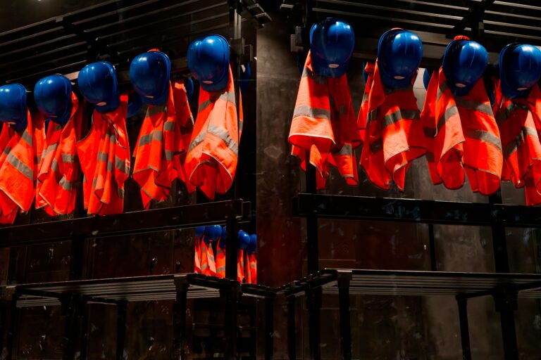 Hard hats and high-visibility vests in worker lockers.